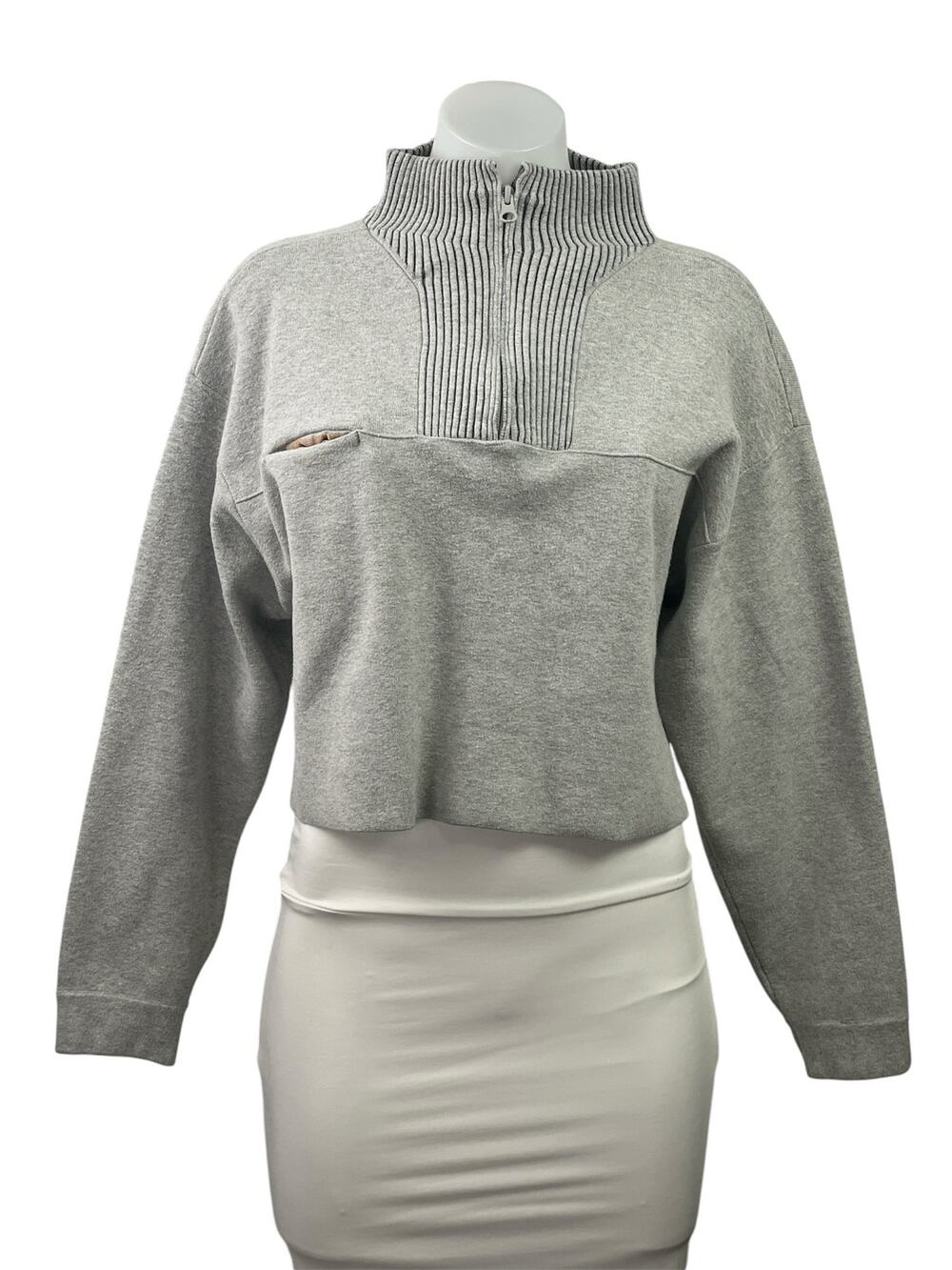 Lunya Cozy Women's Gray Cotton Silk Rib 1/4 Zip Pullover Cropped Sweater Size S